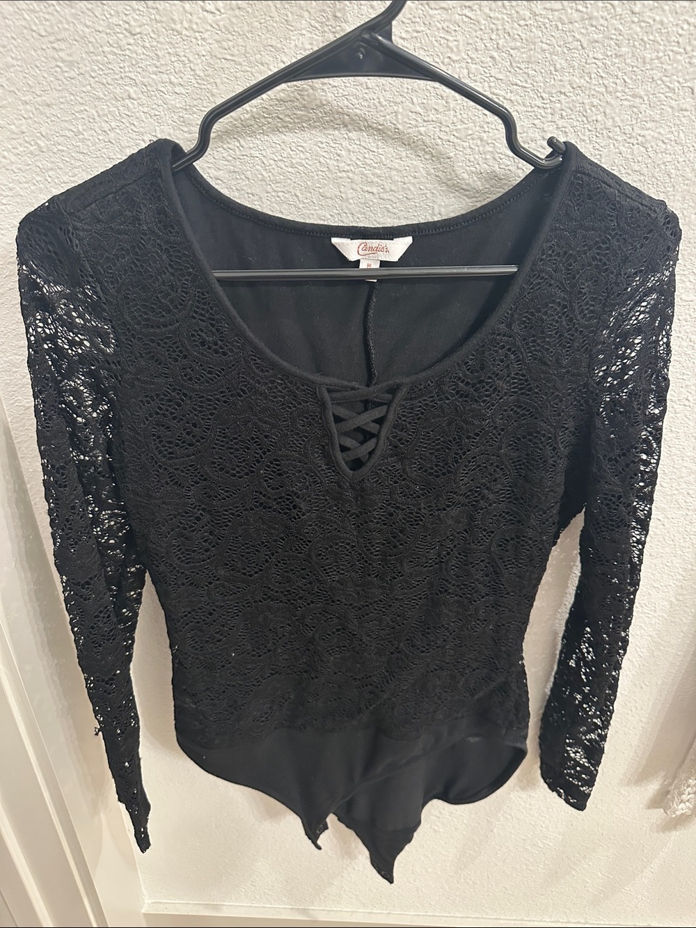 Black Lace Long-Sleeve Bodysuit with Lattice Neck